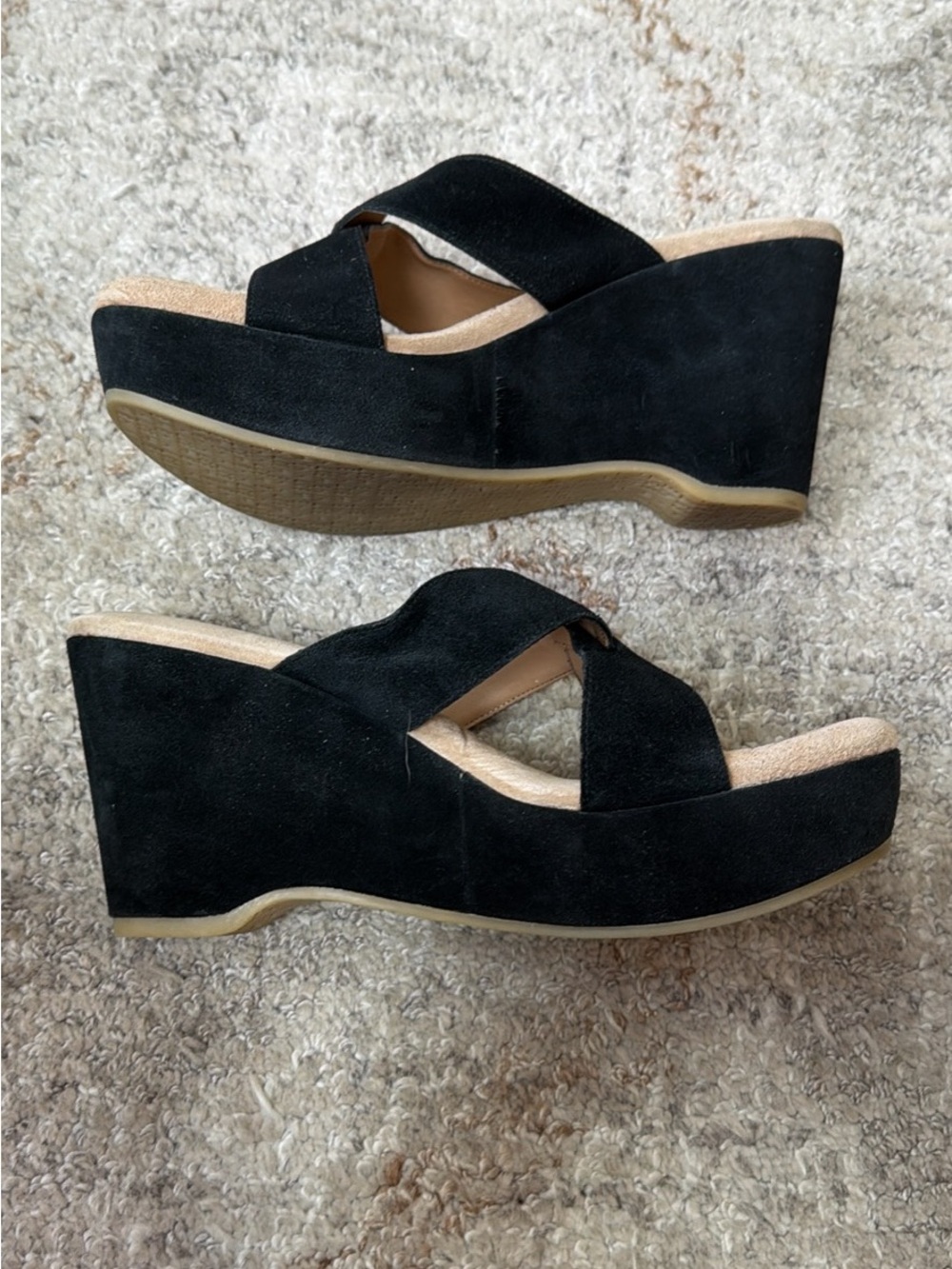 Nine West Black Suede Crisscross Wedge Sandals